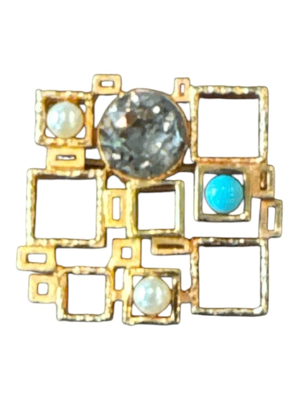 Vintage Mid Century Modern Geometric Gold Tone Blue Crystal Brooch Pin